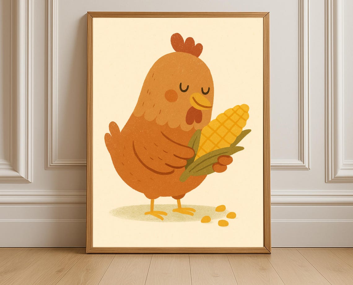 Cute Orange Hen Hugging Corn Cob Farm Animal Nursery Wall Art