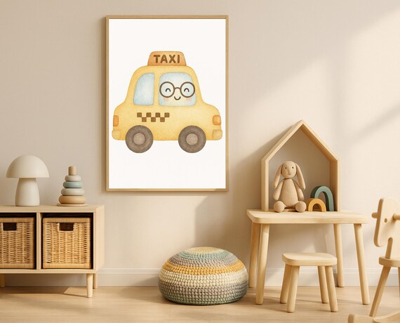 Smiling Taxi Car Poster Yellow Cab Cute Transportation Kids Decor Art