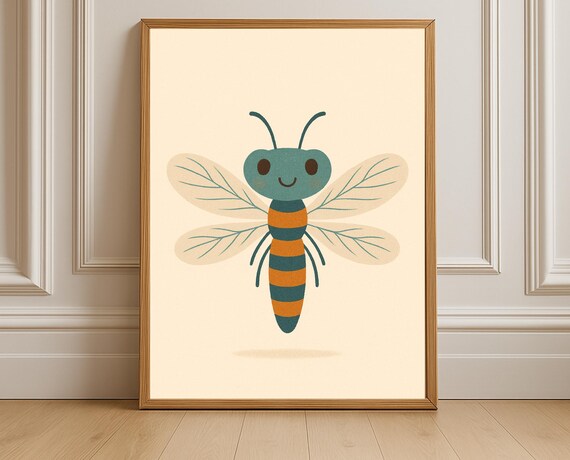 Happy Dragonfly Wall Art Nursery Print Kids Room Decor Playroom Poster Cute Insect Illustration Hobby Animal Series