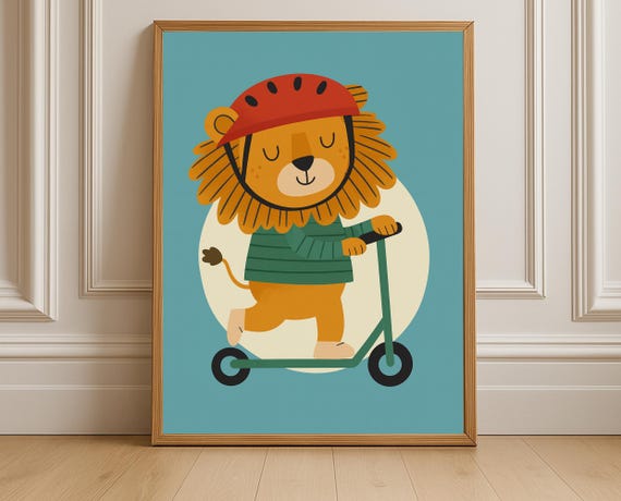 Scooter Lion Wall Art Hobby Animal Print For Nursery Playful Toddler Room Decor