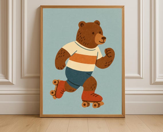 Roller Skating Bear Wall Art Blue Nursery Animal Print Hobby Series