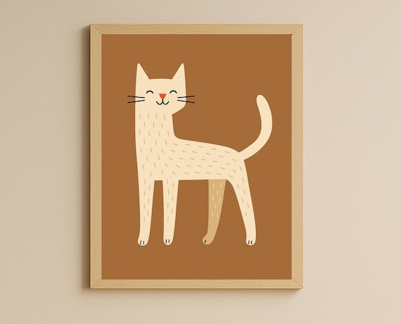 Minimalist Smiling Cream Cat on Warm Caramel Brown Nursery Poster
