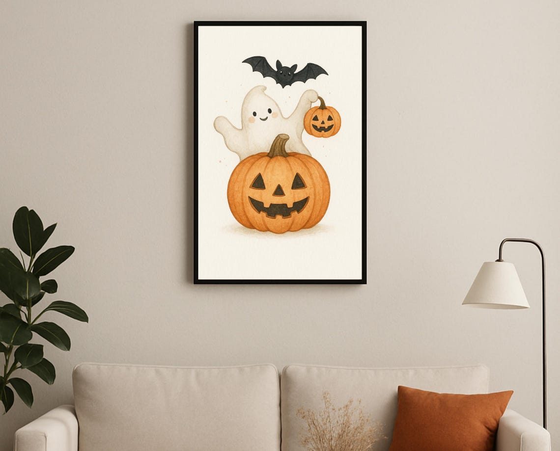 Halloween And Pumpkin Wall Art Spooky Cute Jack O Lantern Bat Illustration Kids