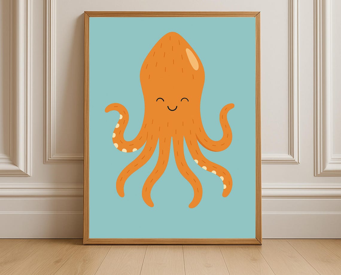 Cute Octopus Wall Art Smiling Sea Animal Nursery Print Ocean Themed Kids Room Decor Instant