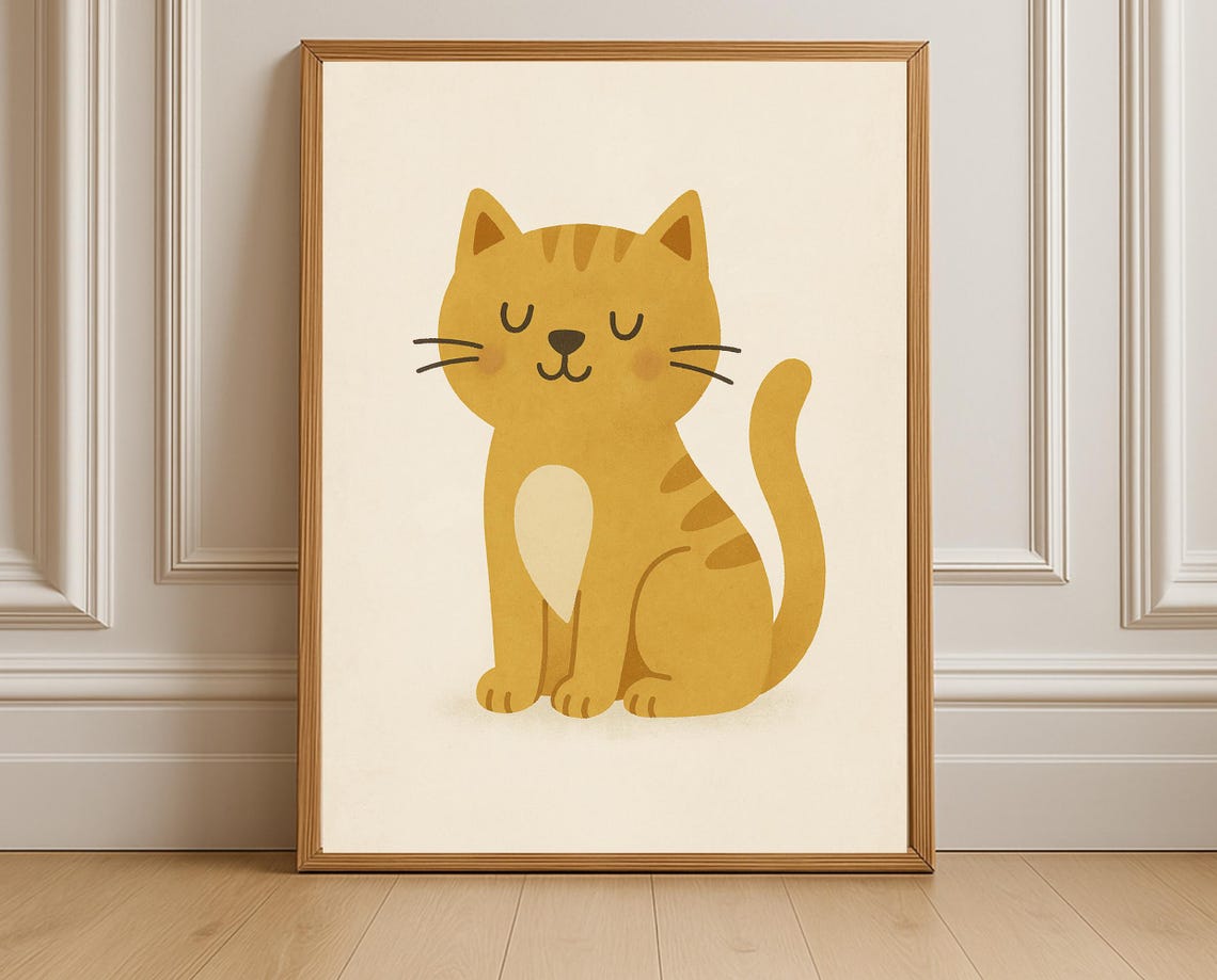 Golden Yellow Cat Sitting Minimalist Nursery Poster Cute Art