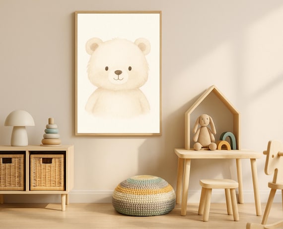 Minimalist Cream Baby Bear Watercolor Nursery Animal Poster Art