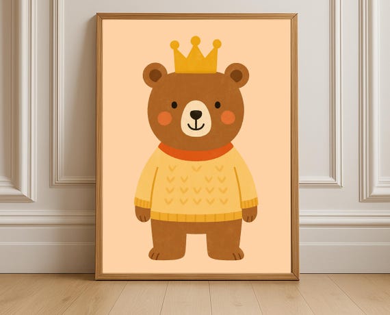 King Bear Wall Art Nursery Print Kids Room Decor Playroom Poster With Crown Illustration Hobby Animal Series