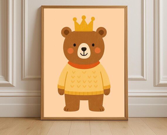 King Bear With Golden Crown Cute Nursery Baby Room Wall Poster