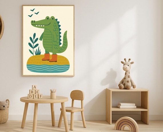 Cute Alligator Rain Boots Nursery Illustration Playful Kids Poster