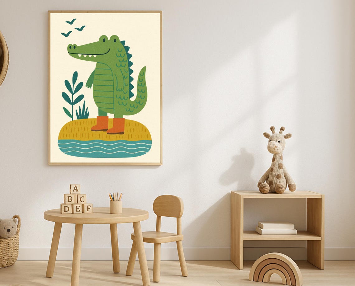 Cute Alligator Rain Boots Nursery Illustration Playful Kids Poster