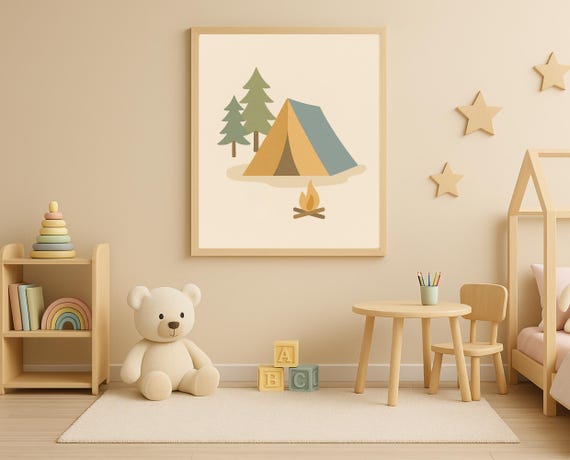Camping Tent Wall Art Minimalist Forest For Nursery And Kids Room Modern Decor Animal Print