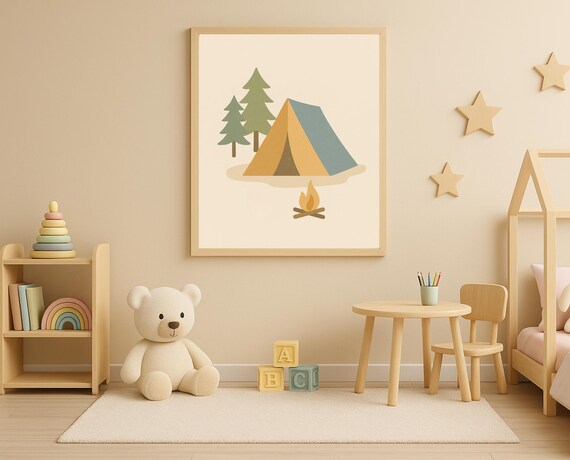 Cozy Camping Tent Minimal Forest Adventure Nursery Kids Poster