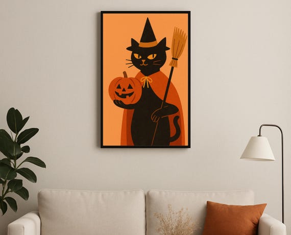 Witch Cat With Pumpkin Broom Halloween Wall Art Kids Nursery Decor Black Illustration Trick Or Treat