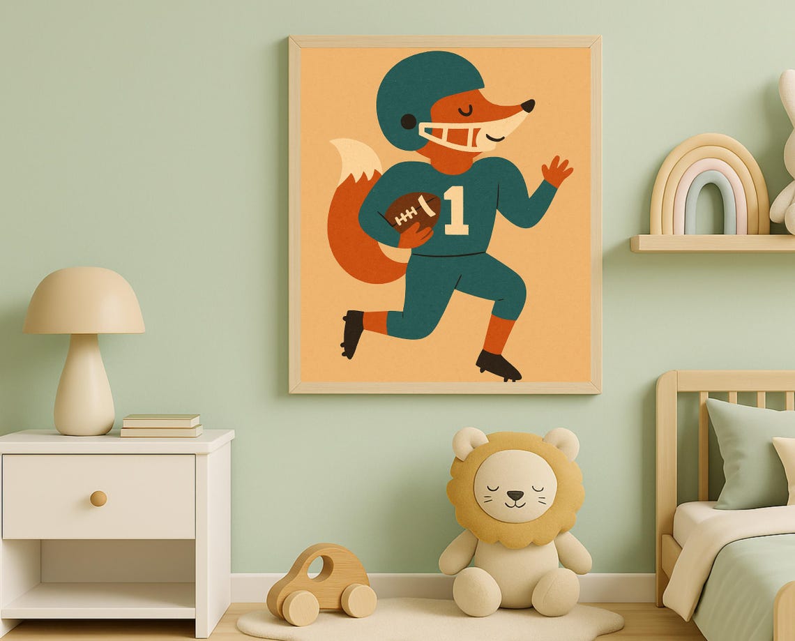 Fox in Teal Football Helmet Running with Ball Number 1 Poster