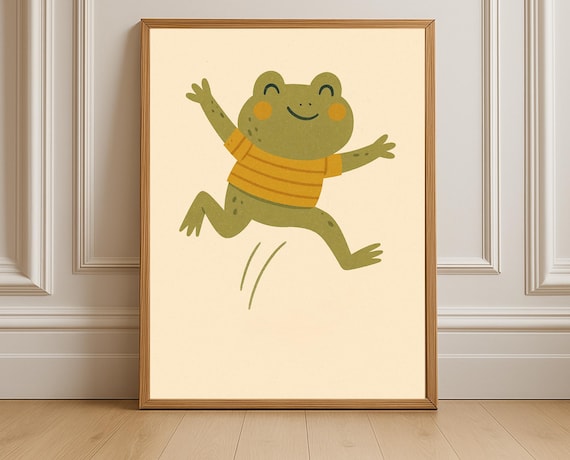 Cheerful Happy Frog Jumping Striped Shirt Cartoon Nursery Room Poster