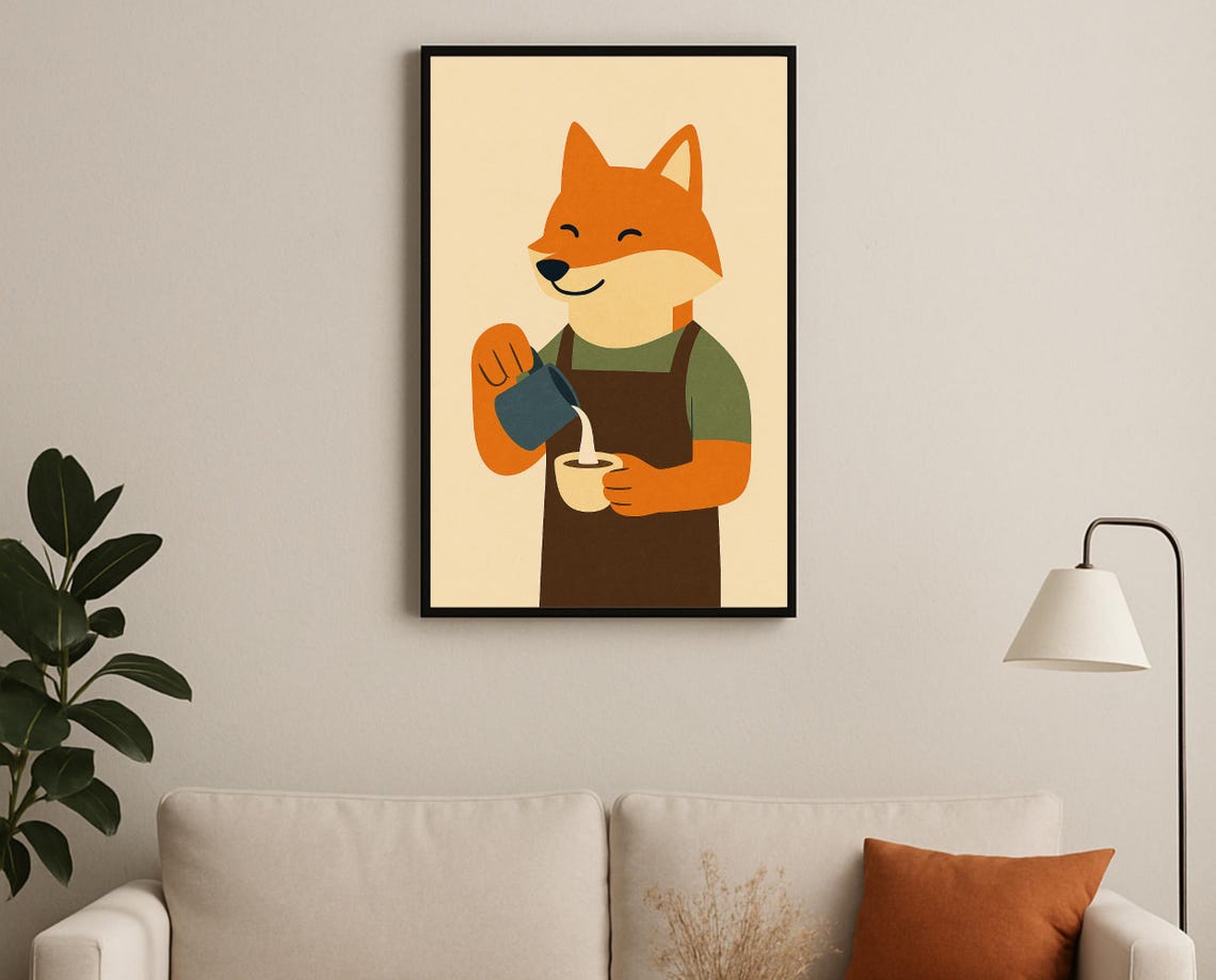 Barista Fox Wall Art Coffee Lover Animal Print Hobby Series