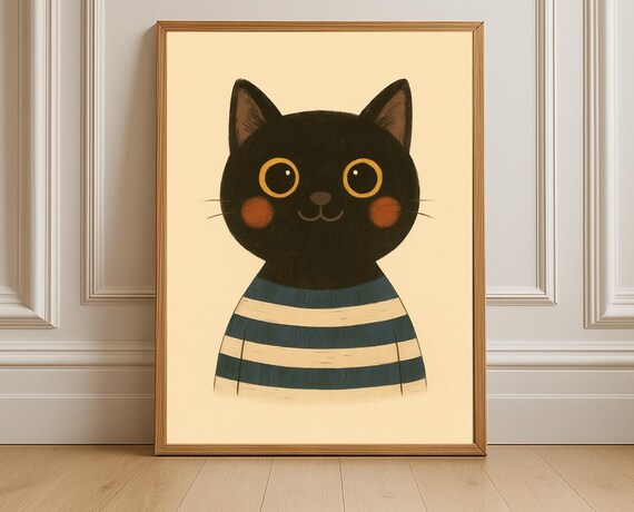 Cat Nursery Wall Art Cute Animal Poster Kids Room Decor Striped Shirt Illustration
