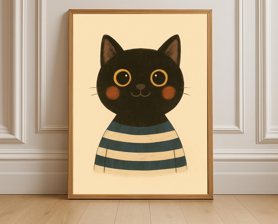 Black Cat Striped Shirt Big Yellow Eyes Cute Nursery Kids Animal Wall Poster