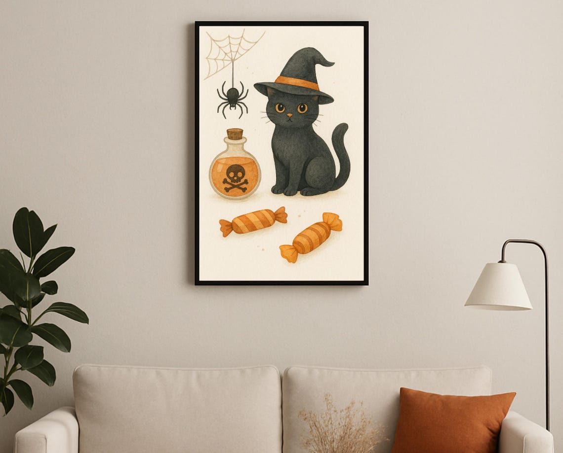 Black Cat Witch Hat Potion Spider Candy Halloween Nursery Poster