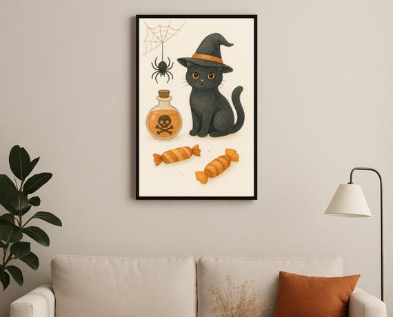 Black Cat Witch Hat Potion Spider Candy Halloween Nursery Poster
