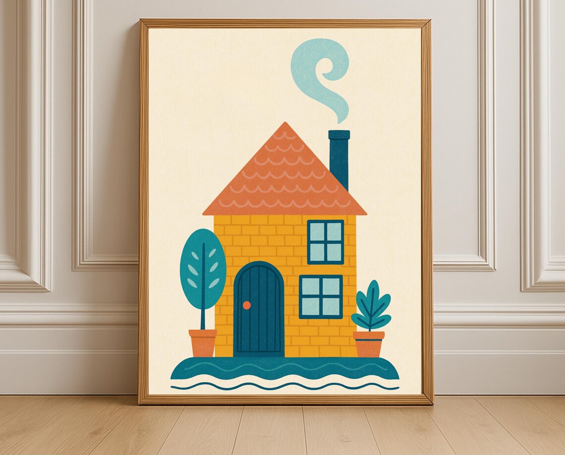 Cozy Yellow Cottage Poster Cute Nursery House Kids Room Wall Decor