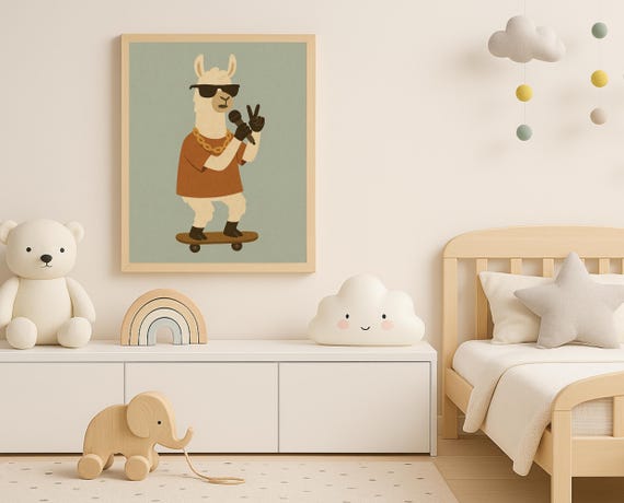 Cool Rapper Llama Wall Art Hiphop Animal Poster For Kids Room Fun Nursery Decor