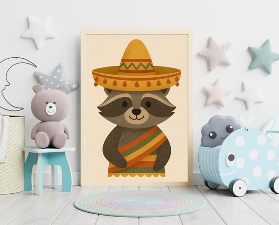 Sombrero Raccoon Fiesta Mexican Serape Party Kids Room Nursery Poster