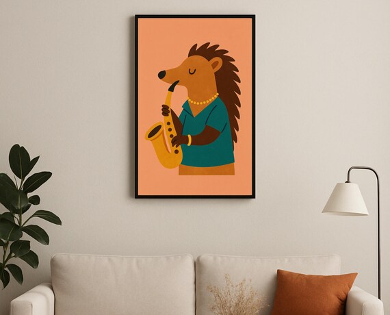 Hedgehog Playing a Saxophone in a Teal Shirt Jazz Music Poster