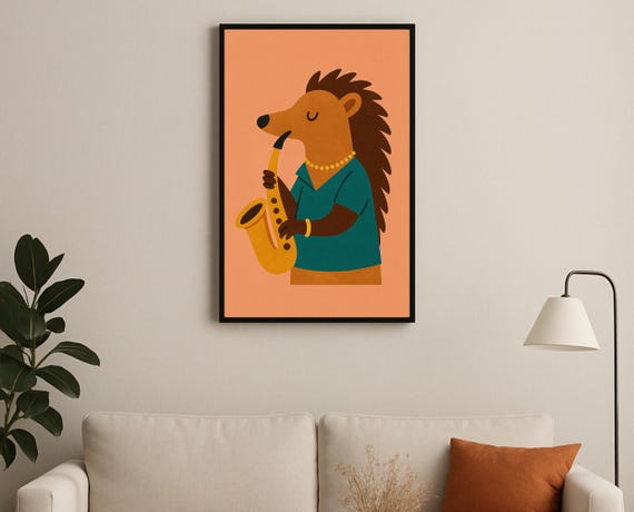 Saxophone Hedgehog Wall Art Hobby Animal Series Jazz Kids Decor Print For Nursery Playroom Modern Room