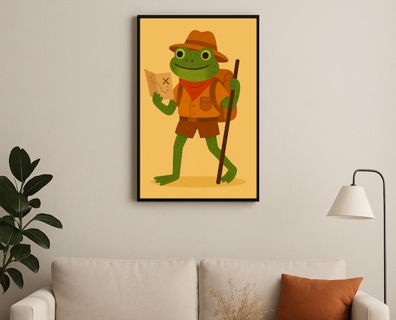 Explorer Frog in Safari Hat Holding a Treasure Map Adventure Poster
