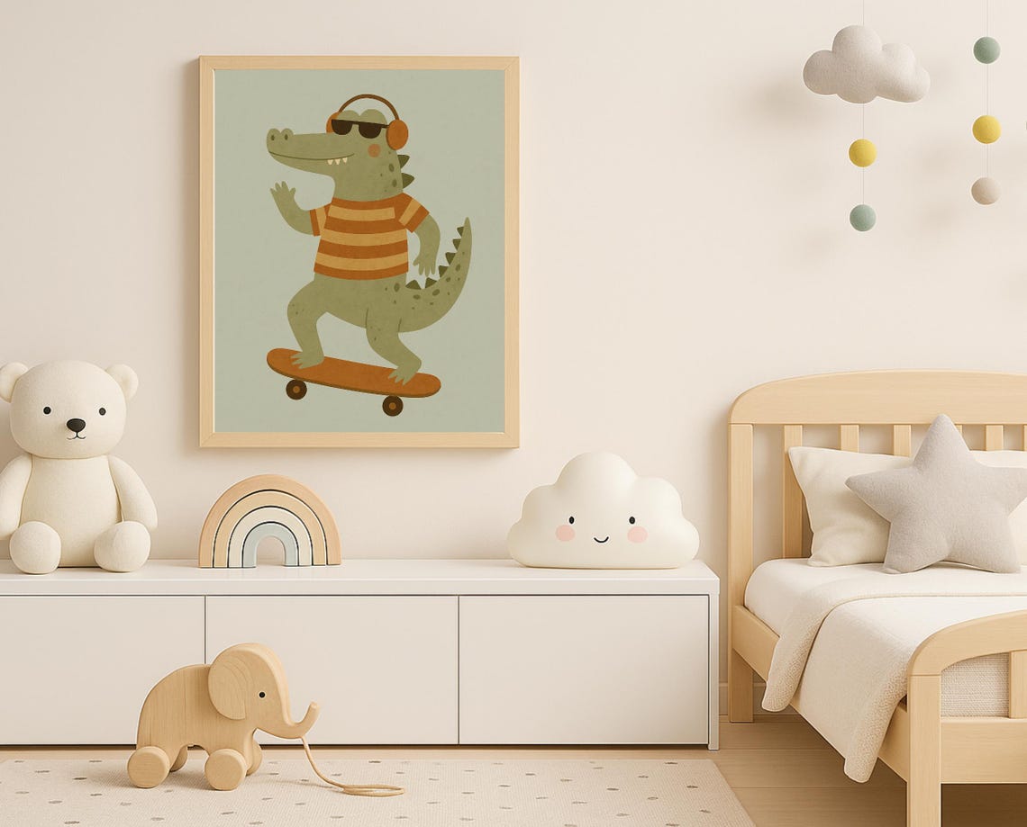 Skateboarding Crocodile Wall Art Fun For Kids Room Nursery Cool Animal Poster