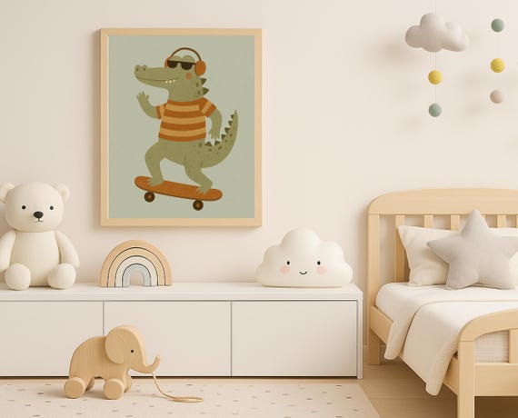 Skateboarding Crocodile Wall Art Fun For Kids Room Nursery Cool Animal Poster