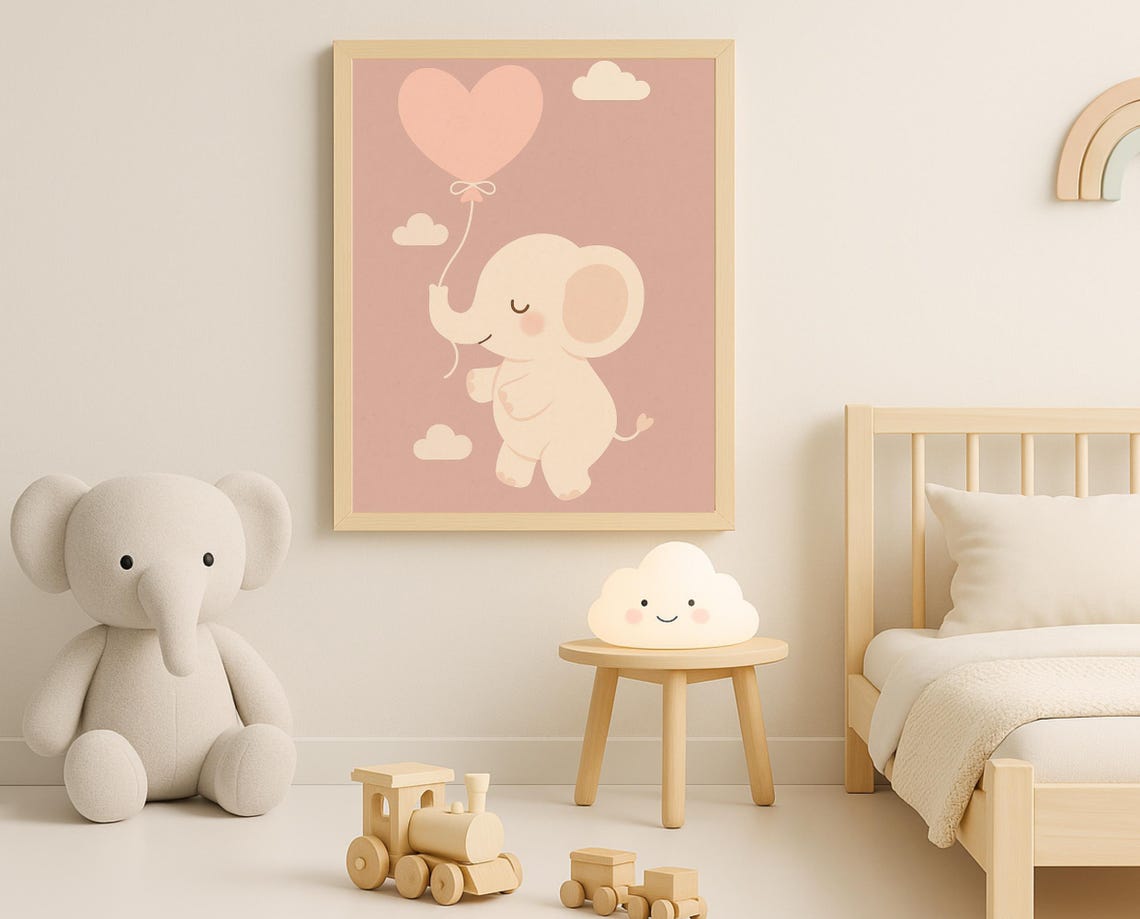 Baby Elephant Holding Heart Balloon Pink Nursery Kids Room Art Poster