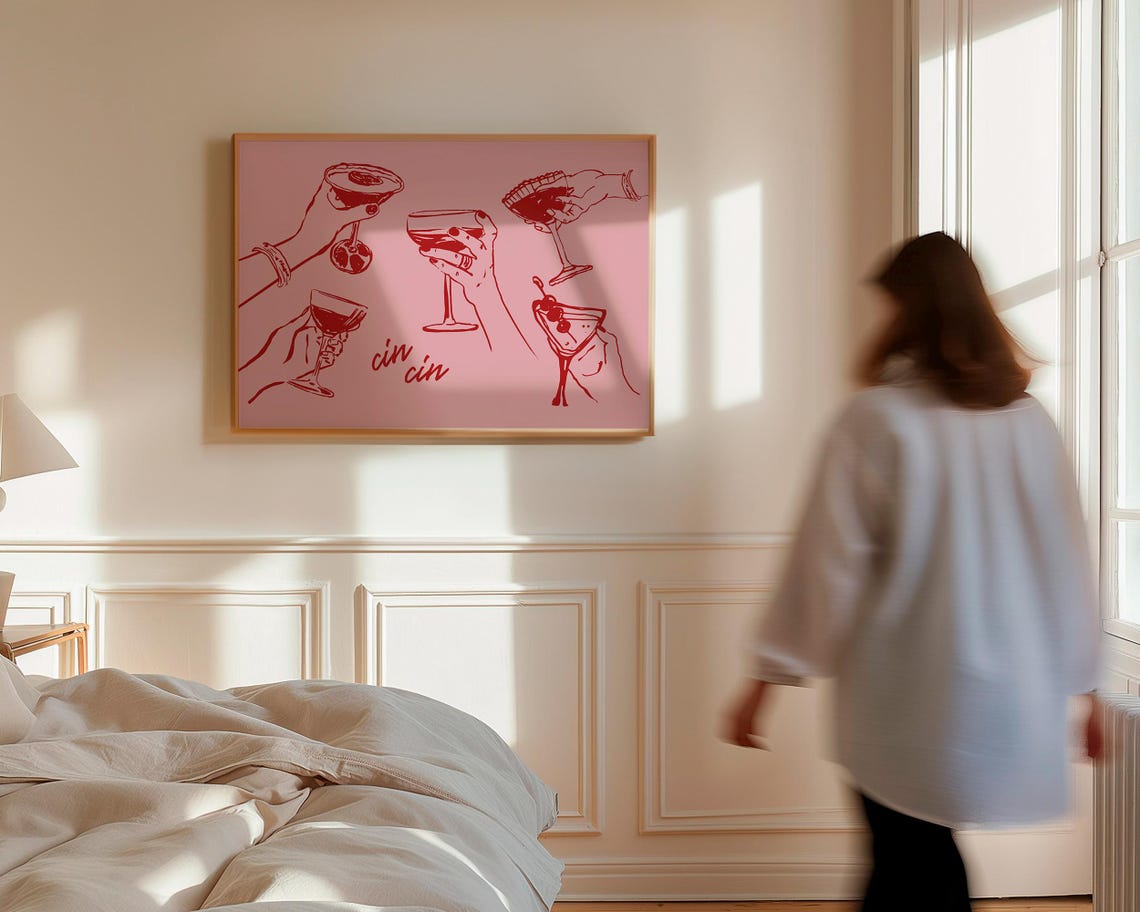 Cin Cin Pink Red Cocktail Hands Cheers Home Bar Decor Art Poster - Image 3