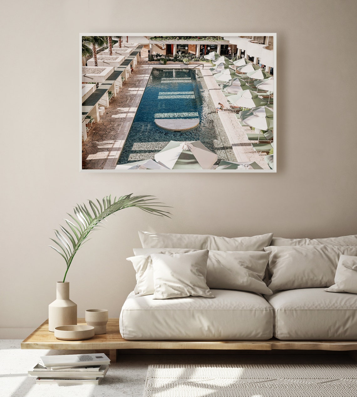 Aerial Hotel Pool with Striped Parasols Resort Courtyard Poster - Image 3