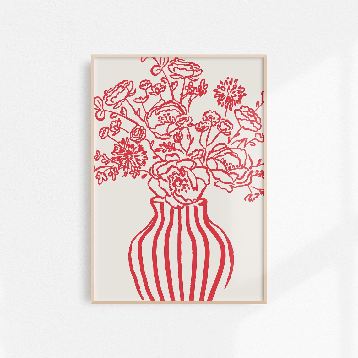 Red Ink Wildflower Bouquet Striped Vase Botanical Line Art Poster