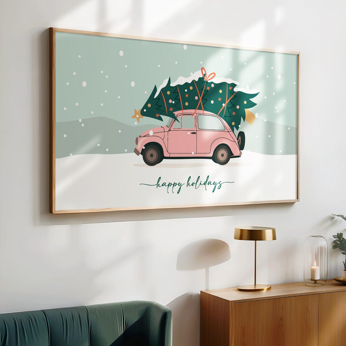 Happy Holidays Pink Vintage Car Christmas Tree Winter Art Poster - Image 3