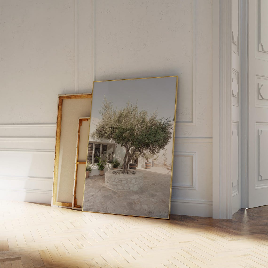 Olive Tree Stone Planter Sunlit White Mediterranean Courtyard Poster - Image 2