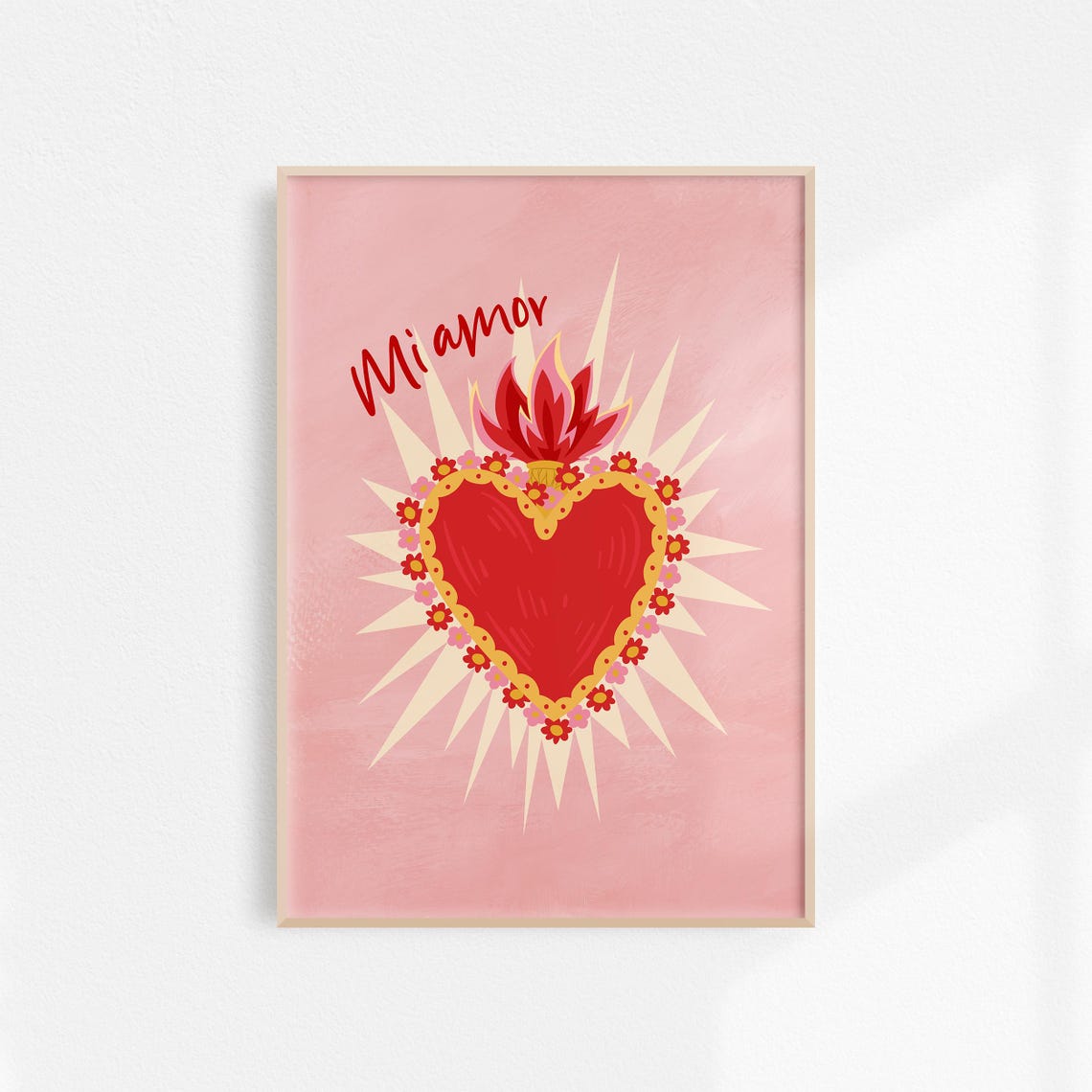 Mi Amor Sacred Heart Floral Folk Art Pink Religious Wall Art - Image 2