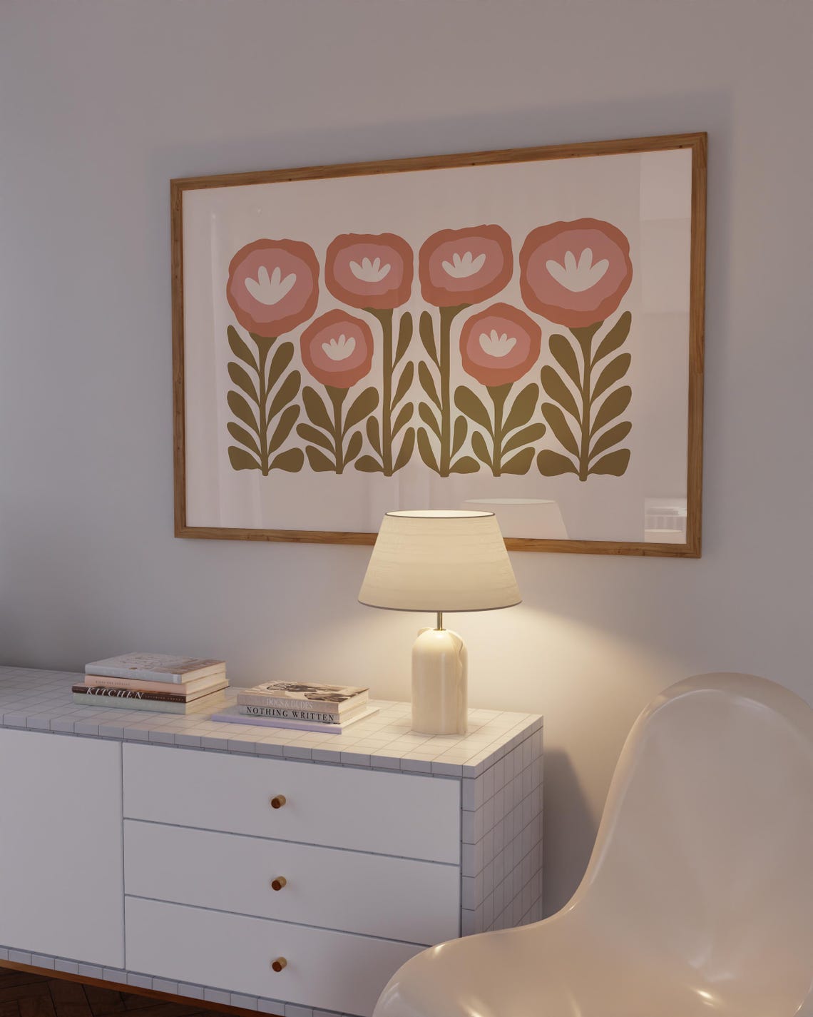Terracotta Retro Blooms Cream Background Olive Leaf Floral Poster - Image 6