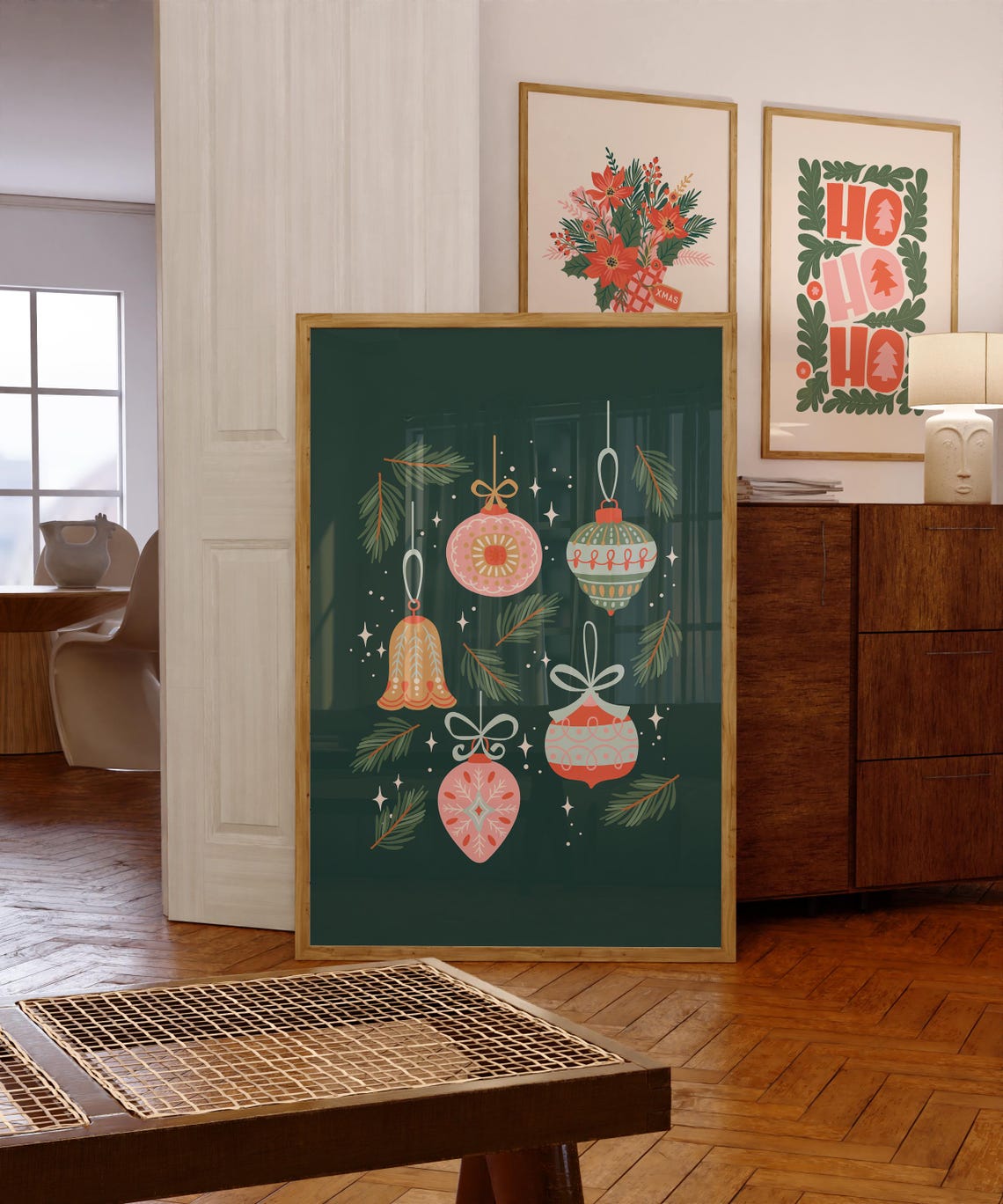 Retro Christmas Ornaments on Deep Forest Green Holiday Art Poster - Image 2