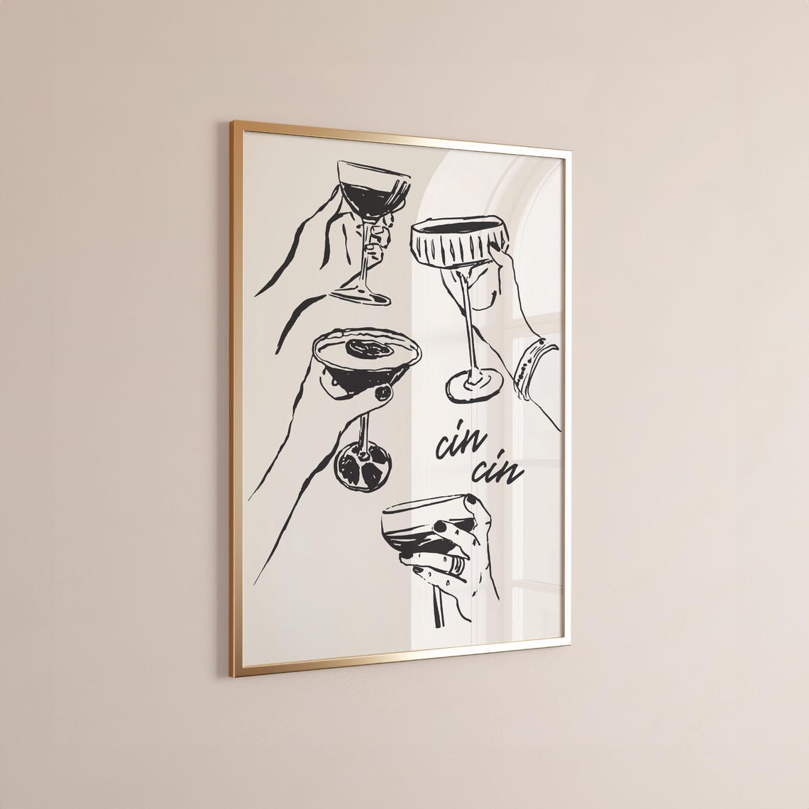Cin Cin Cocktail Cheers Black Ink Hands Toasting Bar Cart Wall Poster - Image 3