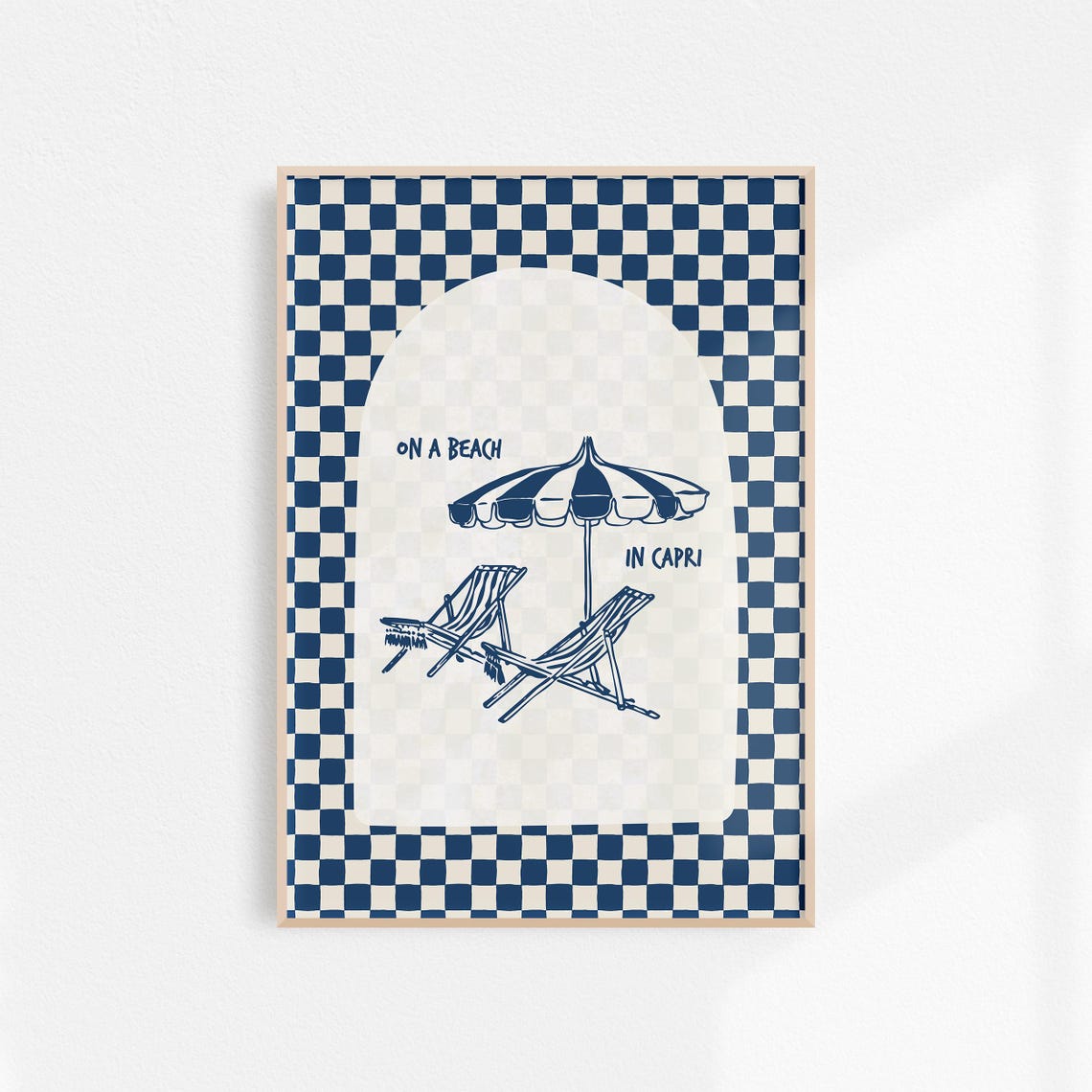 On A Beach In Capri Navy Checkered Retro Travel Illustration Poster