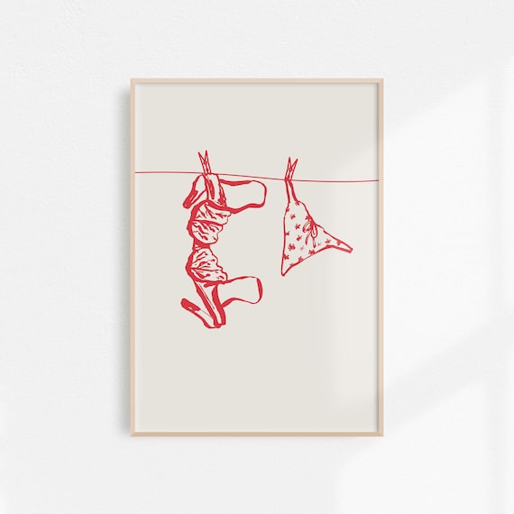 Coquette Room Decor Laundry Print Cute Wall Art Red Lingerie On Clothesline Art Girly Wall Art Clean Girl Aesthetic Poster