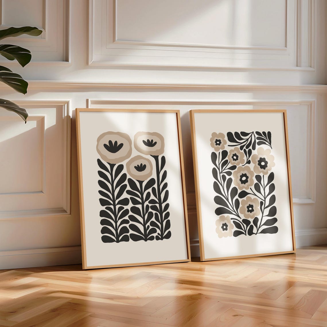 Black Beige Flower Abstract Botanical Minimal Mid Century Wall Art - Image 5