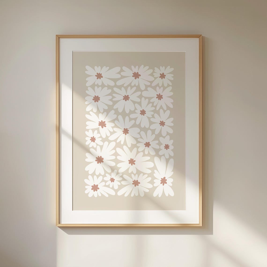 White Daisy Grid Floral Pattern Warm Beige Botanical Art Poster - Image 6
