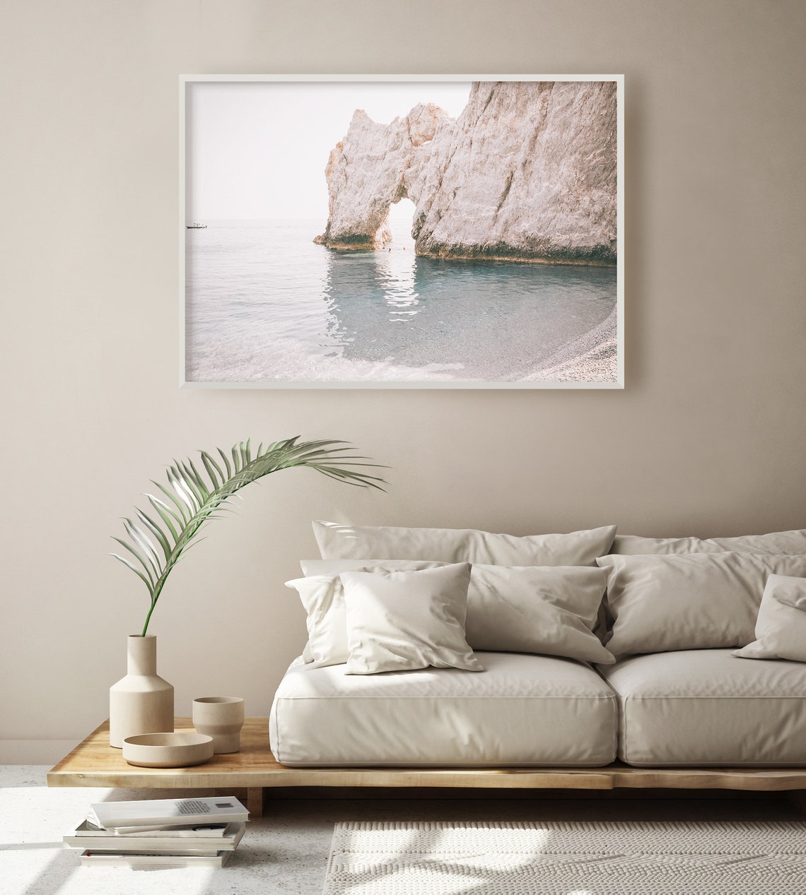 White Coastal Rock Arch Calm Sea Neutral Horizontal Wall Art - Image 3