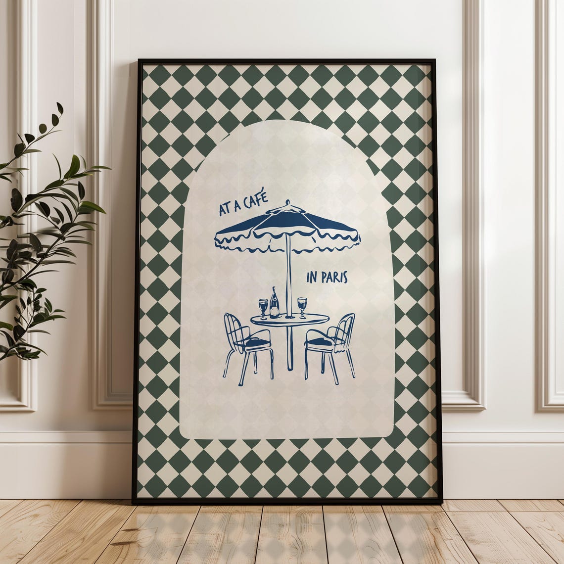 At A Cafe In Paris Green Checkered Bistro Illustration Poster - Image 3