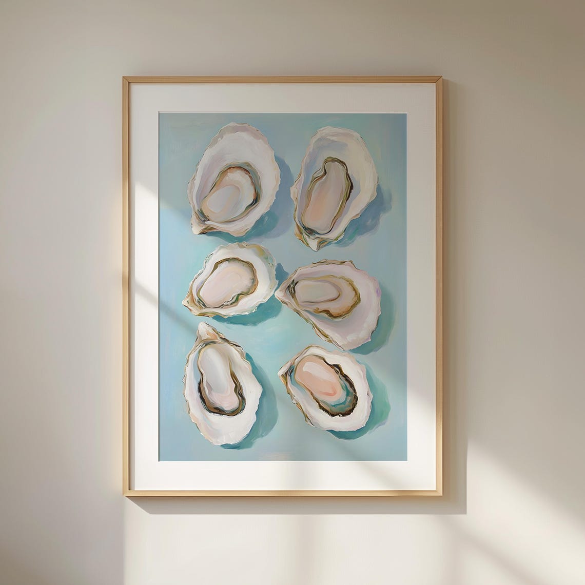 Six Pastel Oyster Shells Painting Blue Kitchen Coastal Poster - Image 6