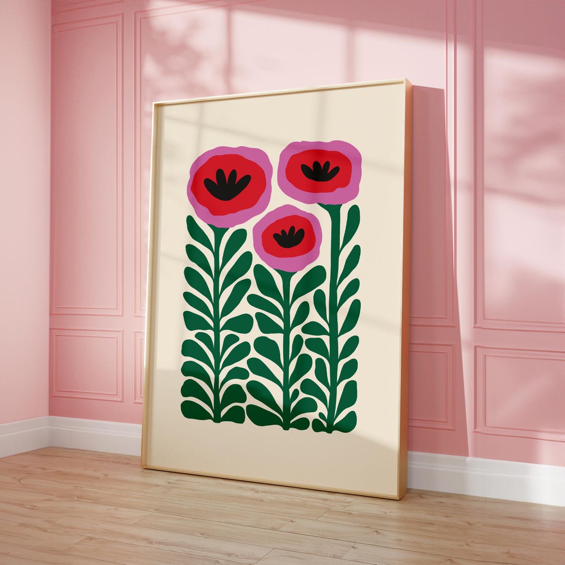 Bold Red Pink Flowers Green Stems Cream Mid Century Art Poster - Image 5